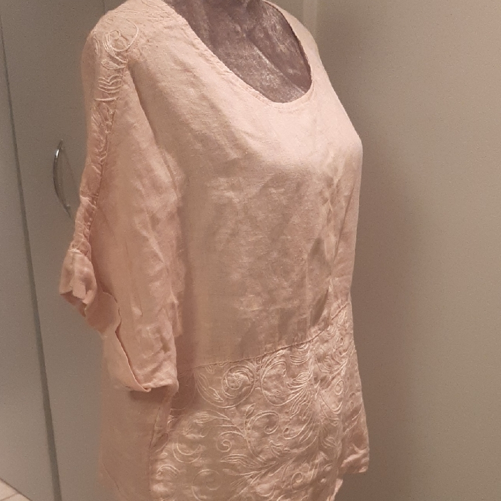 LINEN/COTTON❣SOFTPink Women's Blouse with Embroidery OVERSIZE S - Picture 2 of 7
